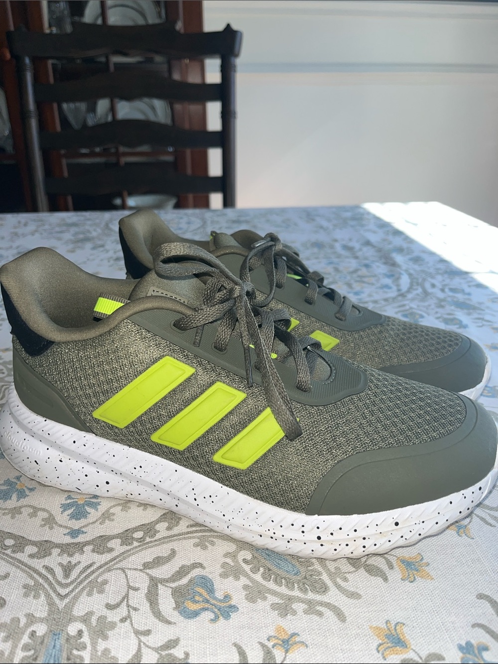 Kids Olive Green adidas Athletic Sneakers with Neon Yellow Accents